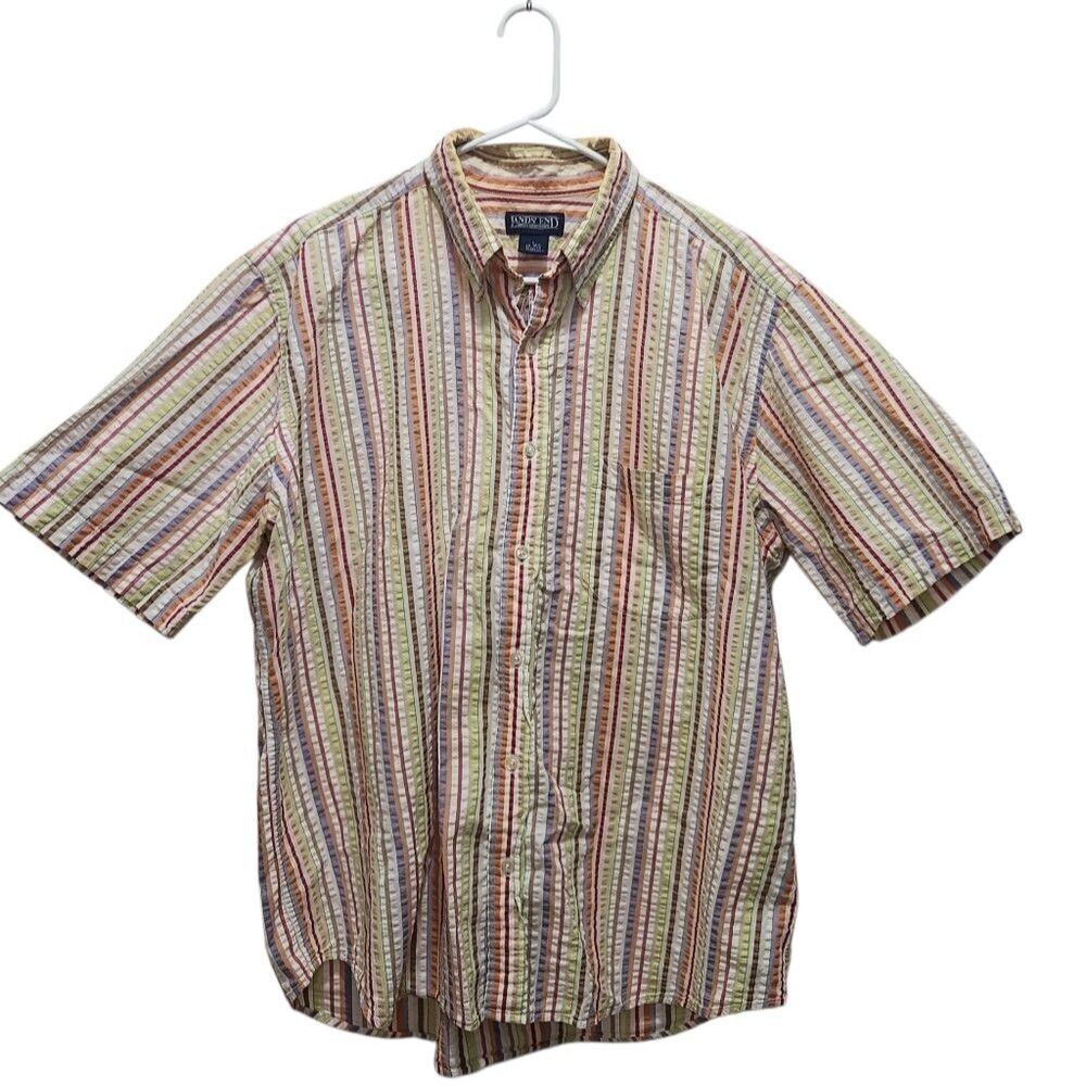 Lands End Mens Seersucker Button Down Shirt L 16-16.5 Striped Pastel Preppy